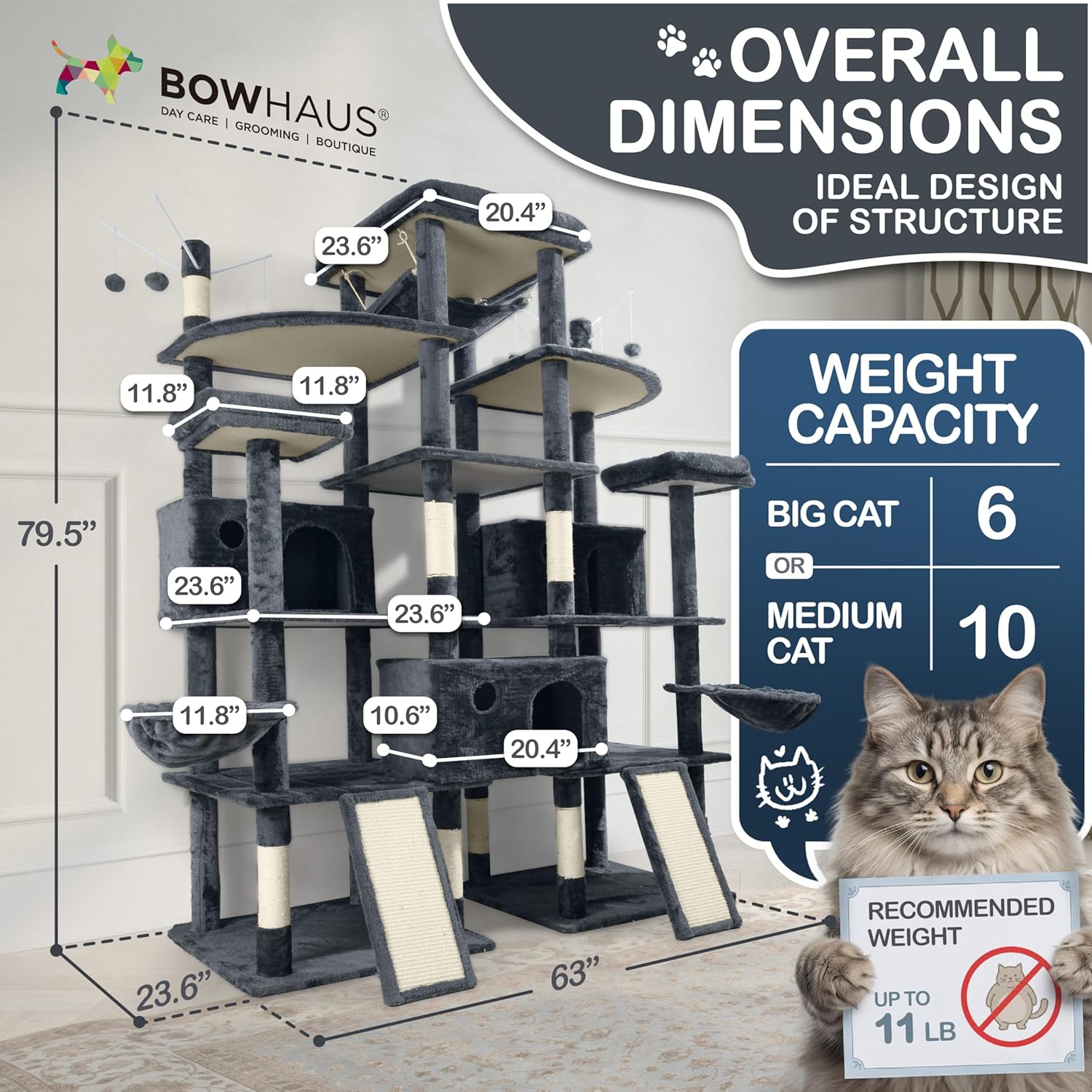 Modern 80-inch tall cat tree with multiple levels, wide perches, sisal rope scratching posts, and hammock for large cats — view 4