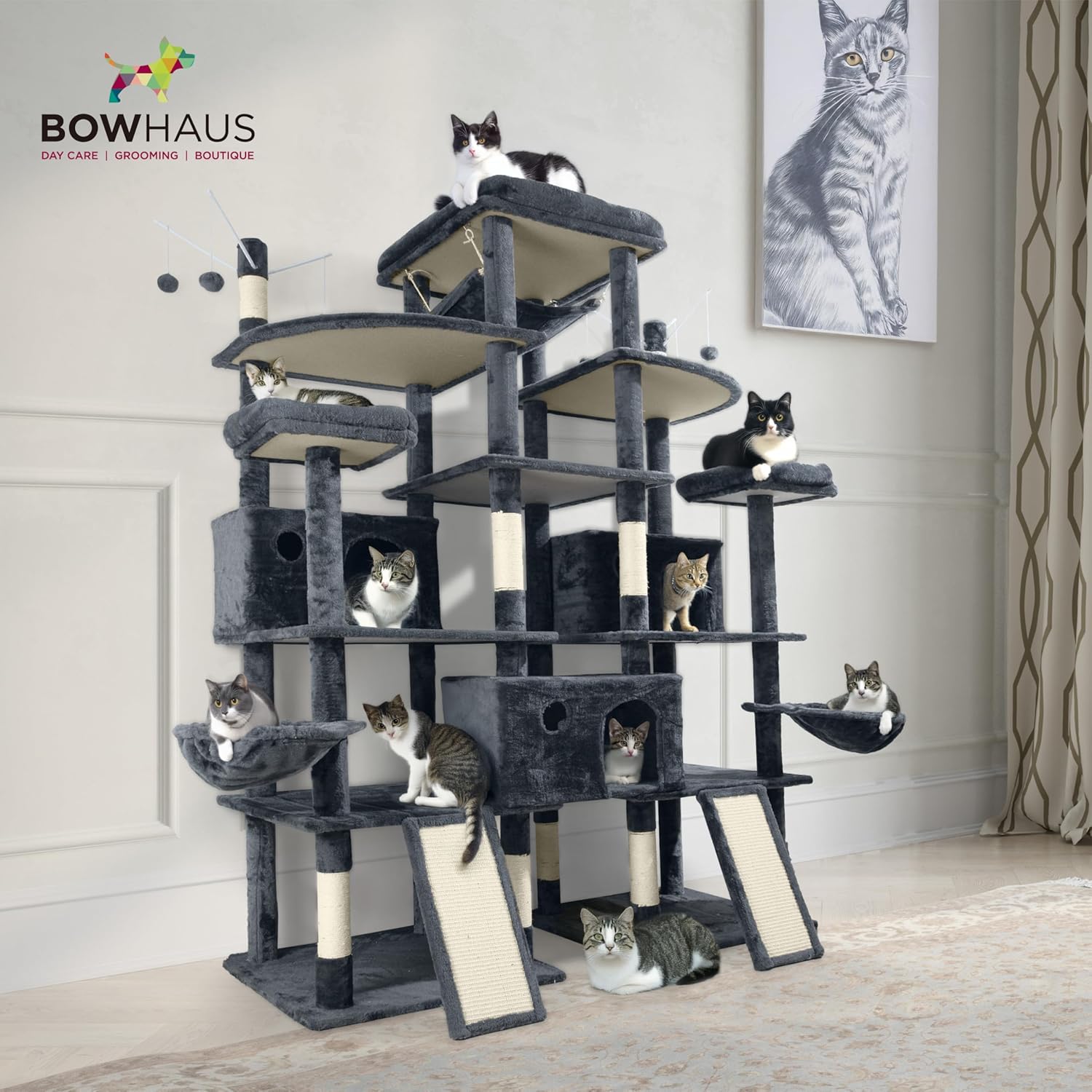 Modern 80-inch tall cat tree with multiple levels, wide perches, sisal rope scratching posts, and hammock for large cats — view 3