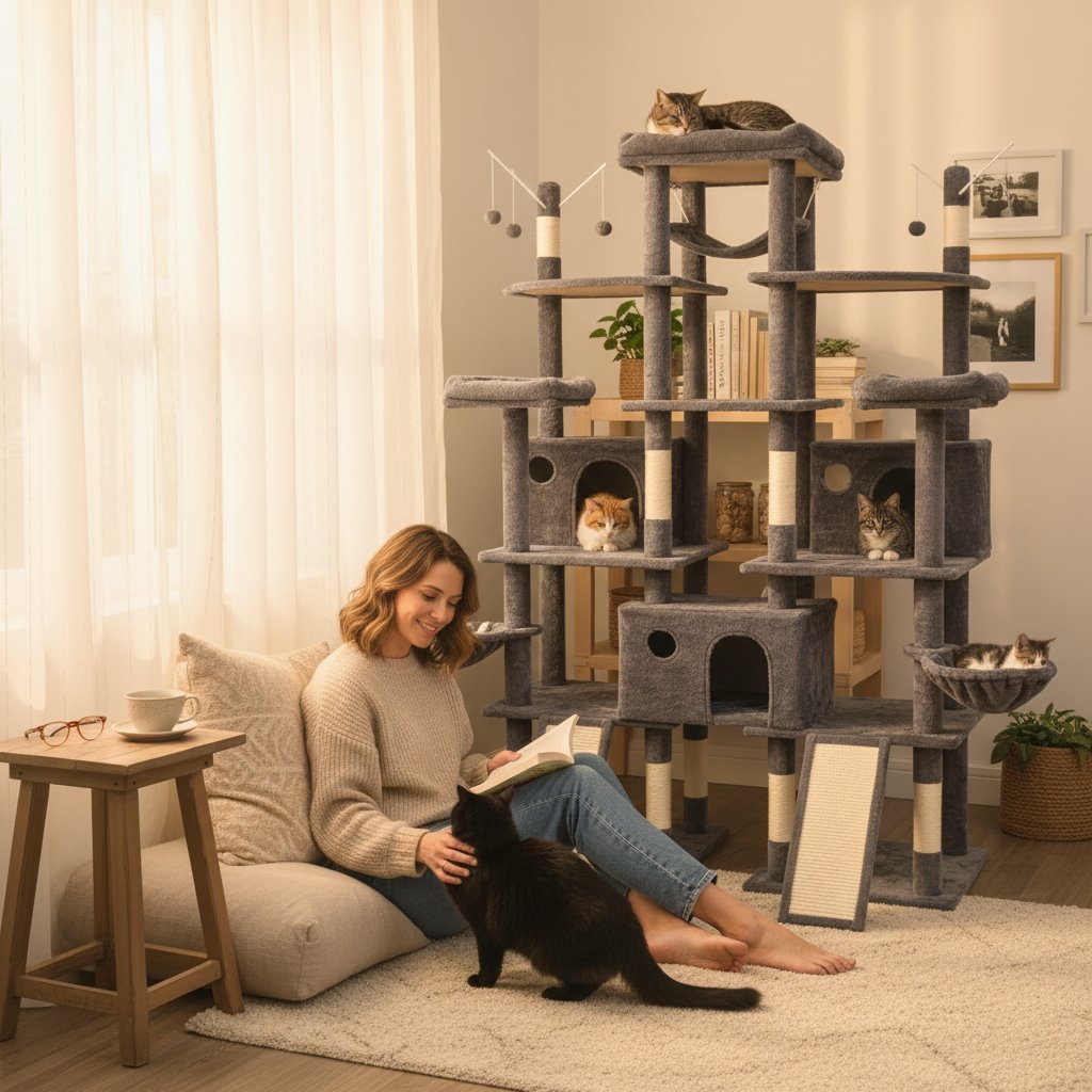 Modern 80-inch tall cat tree with multiple levels, wide perches, sisal rope scratching posts, and hammock for large cats — view 1