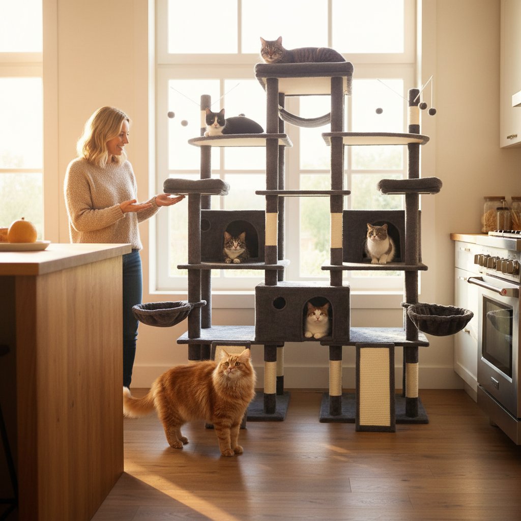 Modern 80-inch tall cat tree with multiple levels, wide perches, sisal rope scratching posts, and hammock for large cats — view 2
