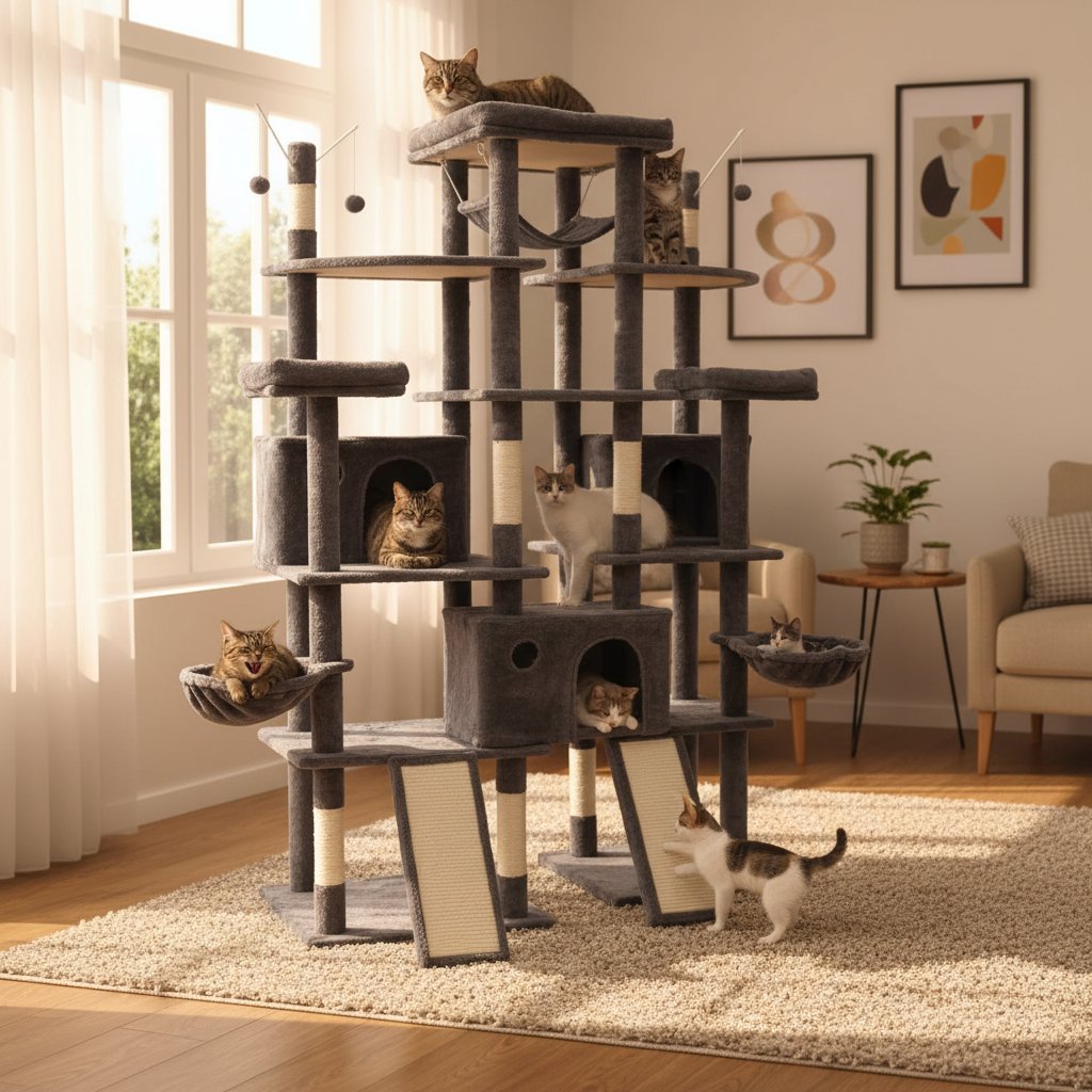 Modern 80-inch tall cat tree with multiple levels, wide perches, sisal rope scratching posts, and hammock for large cats — view 3a