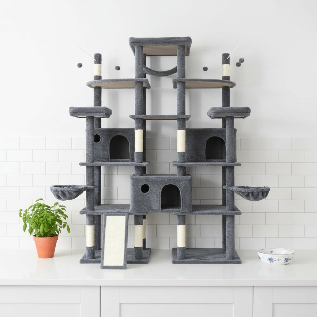 Modern 80-inch tall cat tree with multiple levels, wide perches, sisal rope scratching posts, and hammock for large cats — view 5a