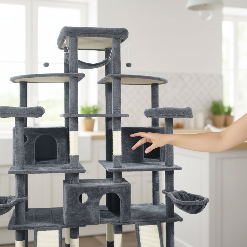 Modern 80-inch tall cat tree with multiple levels, wide perches, sisal rope scratching posts, and hammock for large cats — view 6