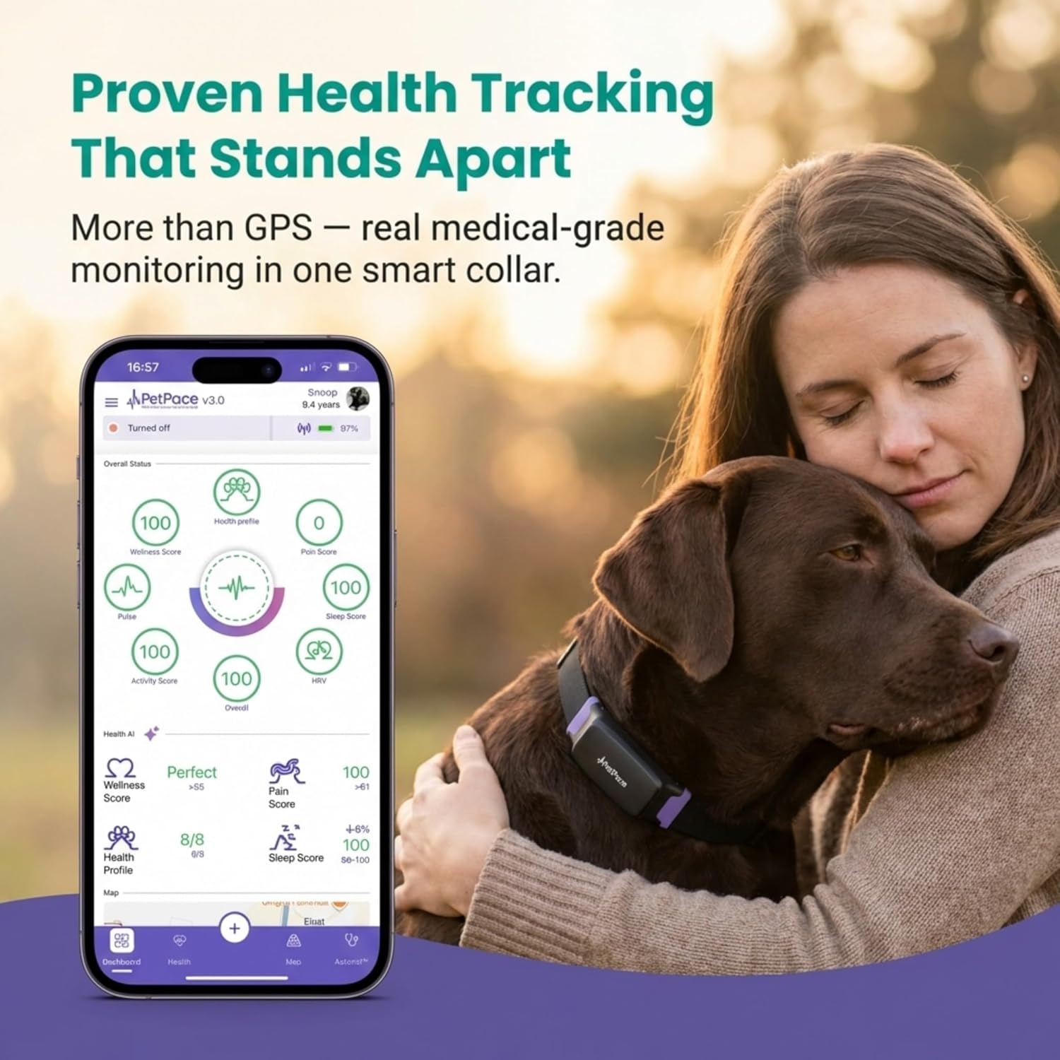 AI smart dog health monitor collar in black silicone with stainless steel accents, displaying 24/7 vital signs tracking and GPS functionality — view 5