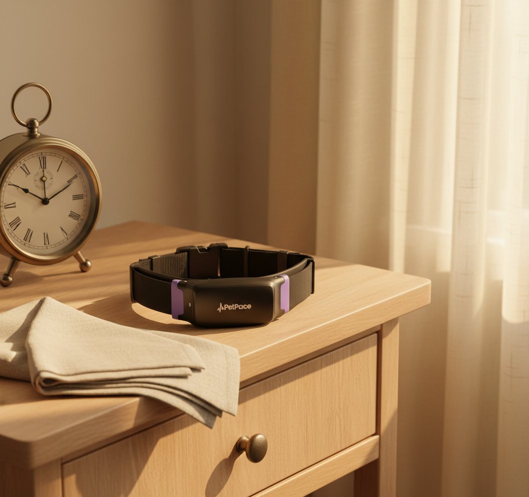 AI smart dog health monitor collar in black silicone with stainless steel accents, displaying 24/7 vital signs tracking and GPS functionality — view 7a