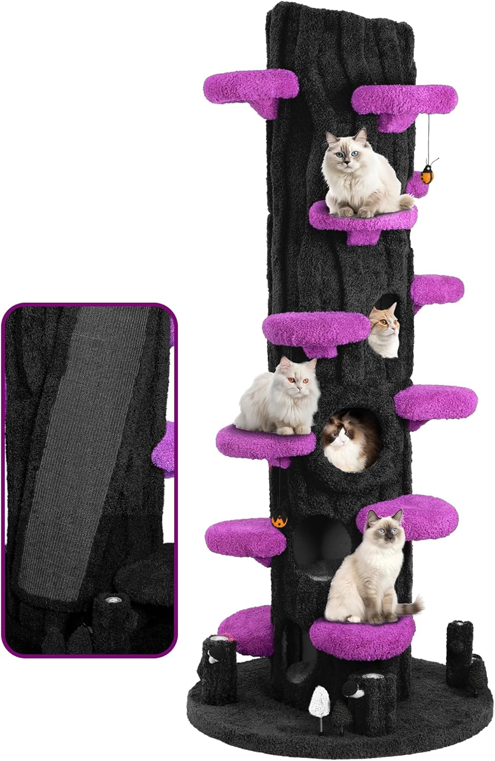 Large purple solid wood cat tree tower with sisal scratching posts, multiple platforms and side hideout for multi-cat homes — view 1