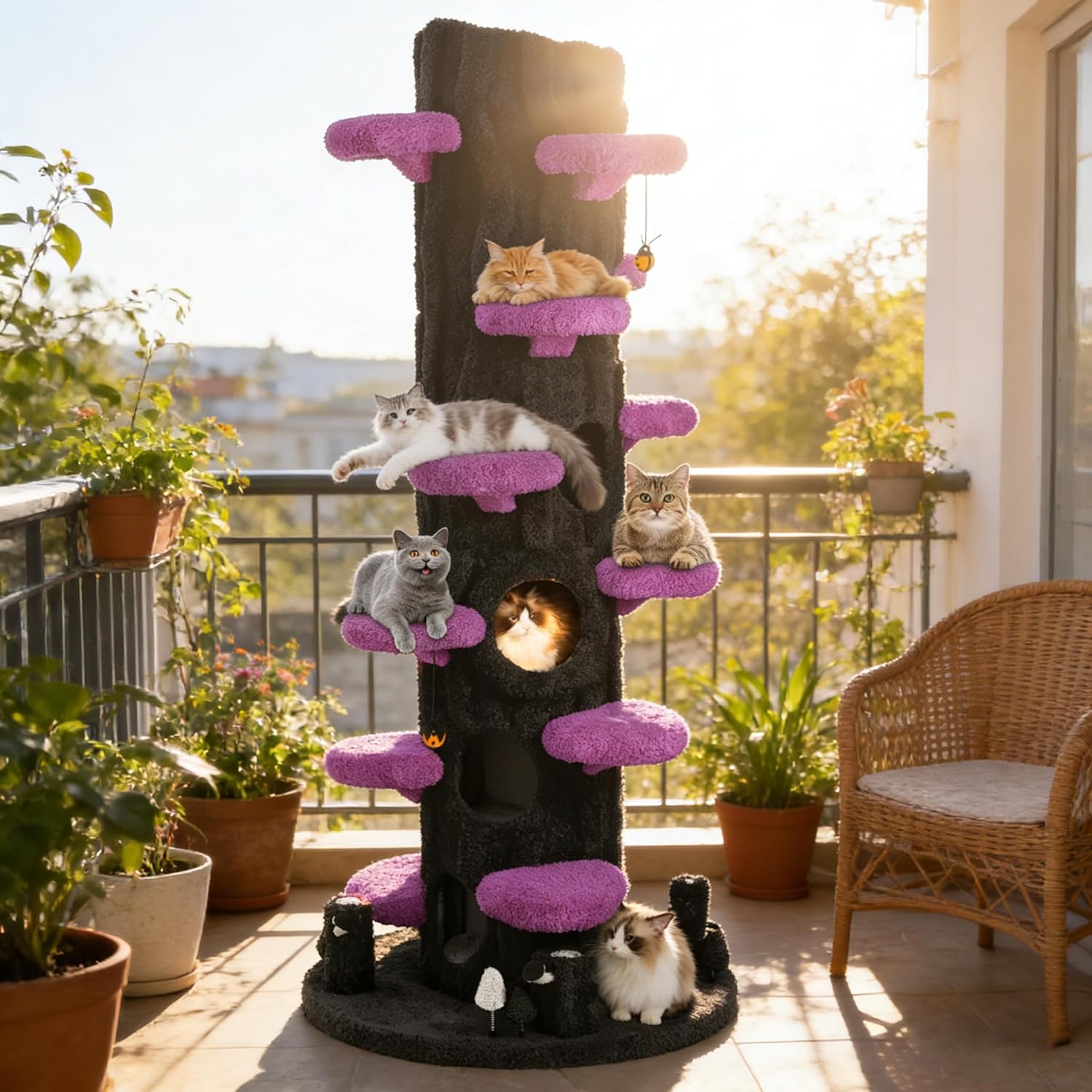 Large purple solid wood cat tree tower with sisal scratching posts, multiple platforms and side hideout for multi-cat homes — view 2