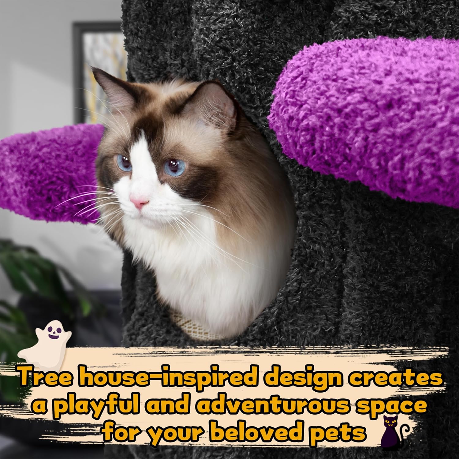 Large purple solid wood cat tree tower with sisal scratching posts, multiple platforms and side hideout for multi-cat homes — view 3