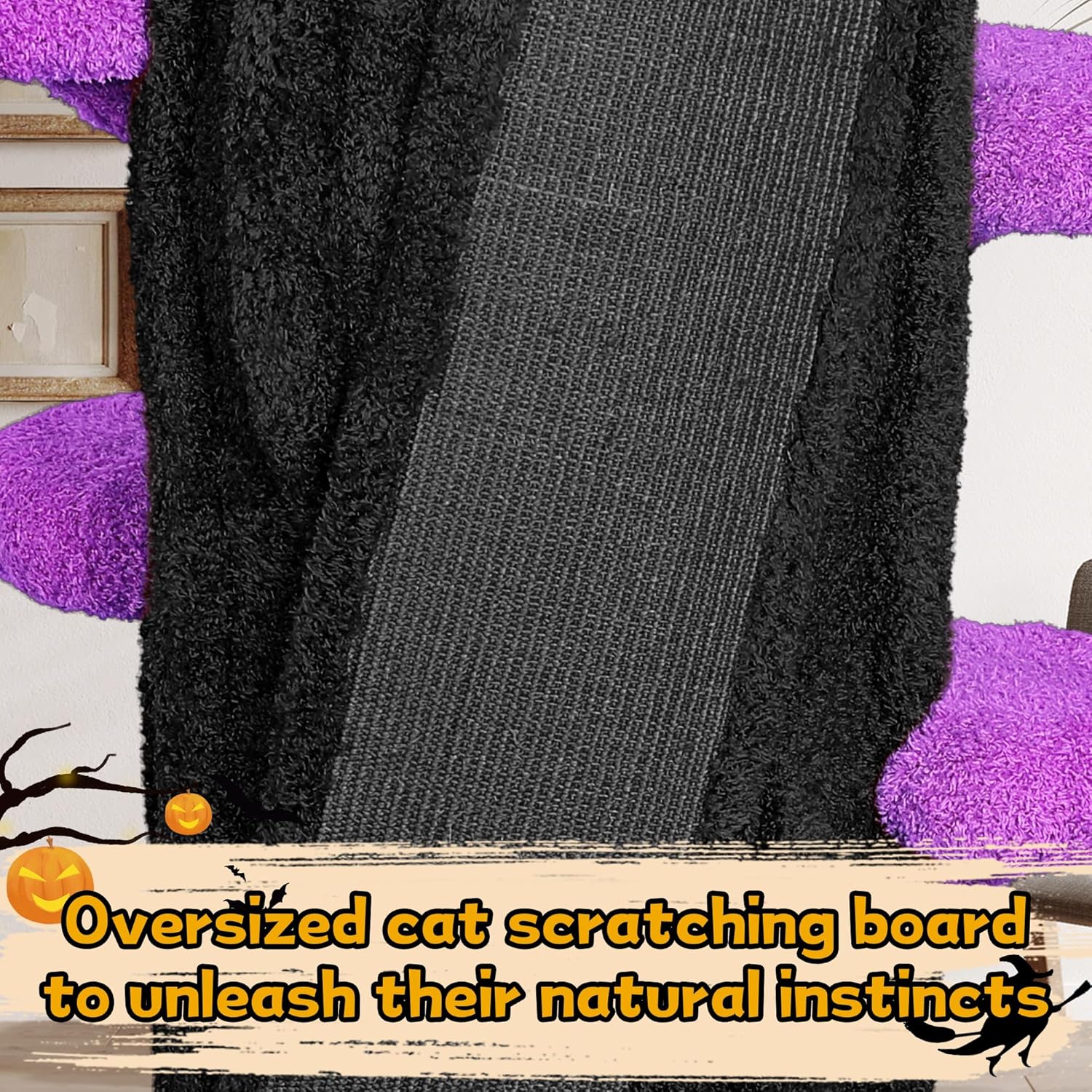 Large purple solid wood cat tree tower with sisal scratching posts, multiple platforms and side hideout for multi-cat homes — view 2