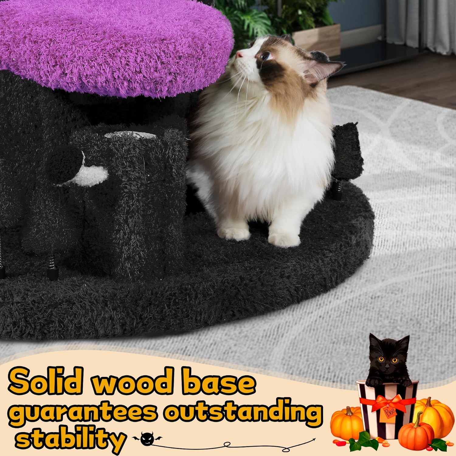 Large purple solid wood cat tree tower with sisal scratching posts, multiple platforms and side hideout for multi-cat homes — view 3