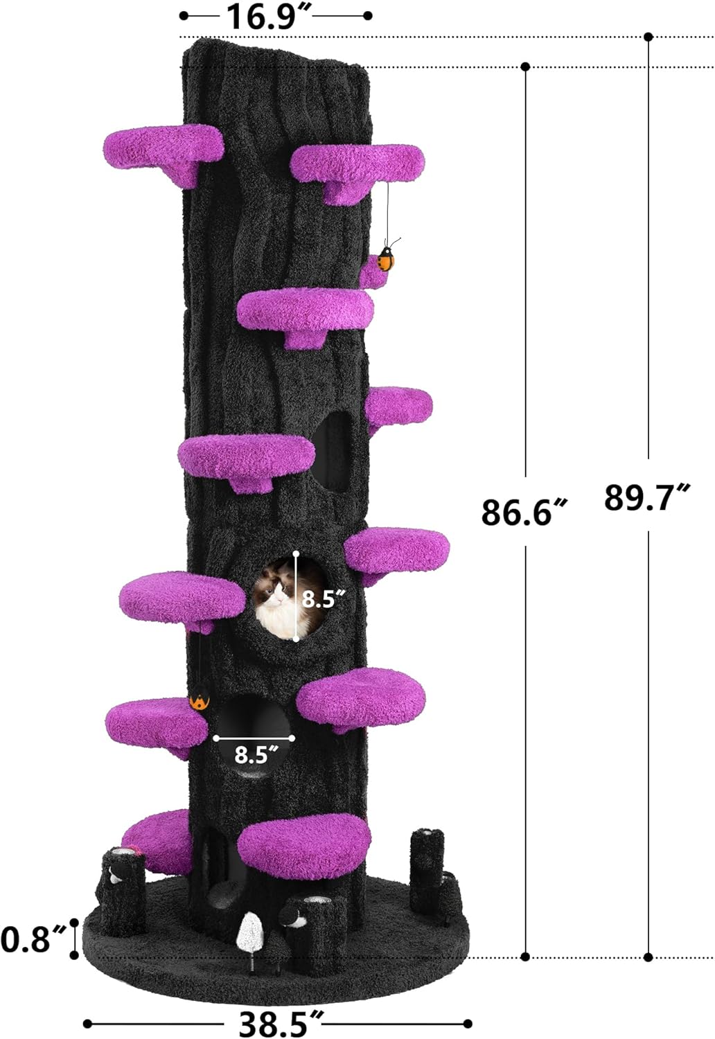 Large purple solid wood cat tree tower with sisal scratching posts, multiple platforms and side hideout for multi-cat homes — view 4