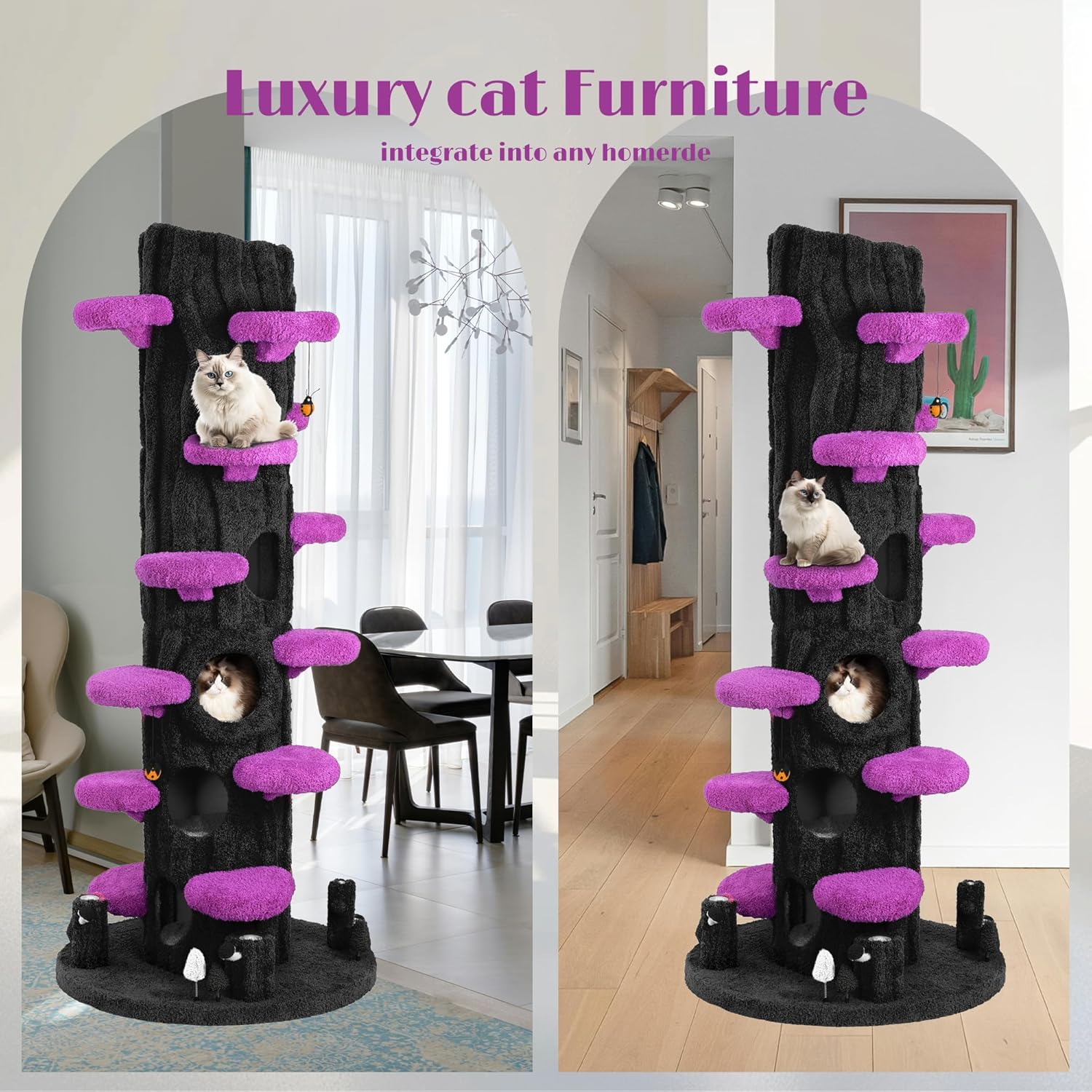 Large purple solid wood cat tree tower with sisal scratching posts, multiple platforms and side hideout for multi-cat homes — view 5