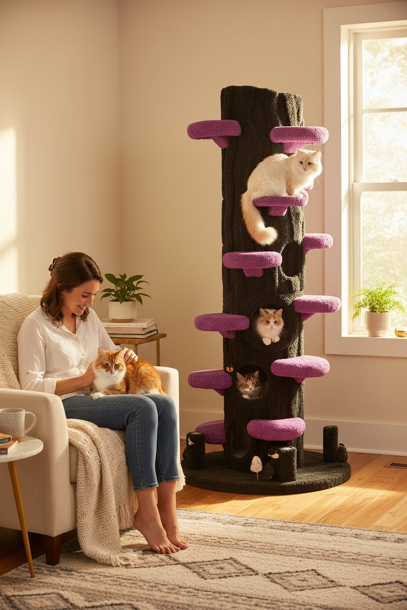 Large purple solid wood cat tree tower with sisal scratching posts, multiple platforms and side hideout for multi-cat homes — view 1