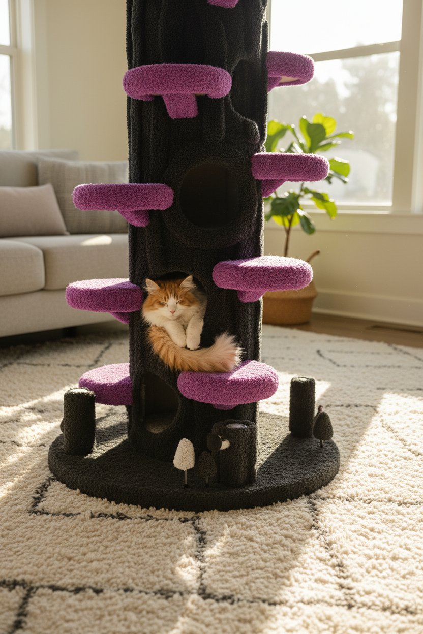 Large purple solid wood cat tree tower with sisal scratching posts, multiple platforms and side hideout for multi-cat homes — view 3a