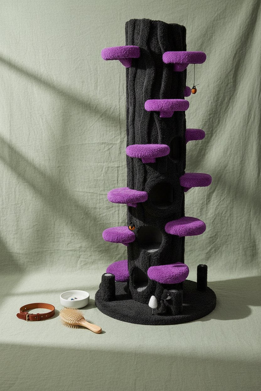 Large purple solid wood cat tree tower with sisal scratching posts, multiple platforms and side hideout for multi-cat homes — view 4