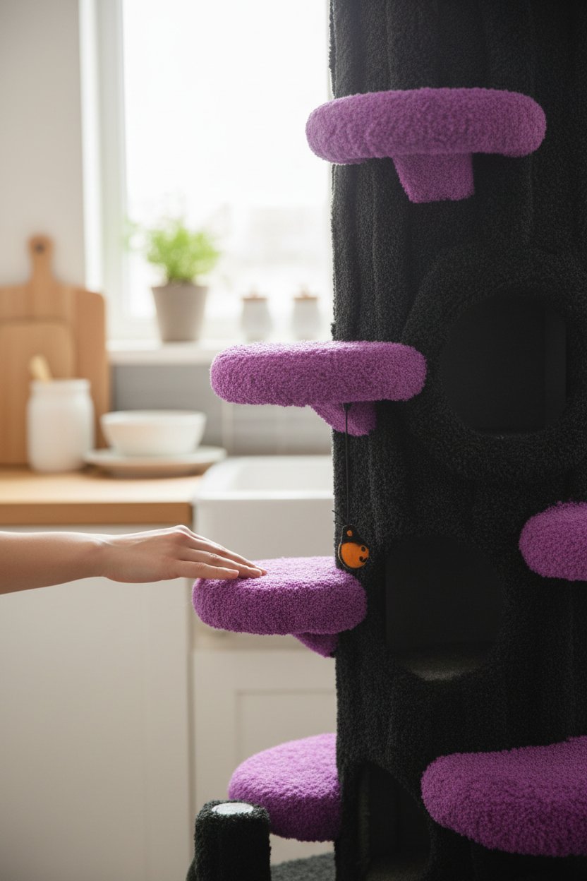 Large purple solid wood cat tree tower with sisal scratching posts, multiple platforms and side hideout for multi-cat homes — view 6