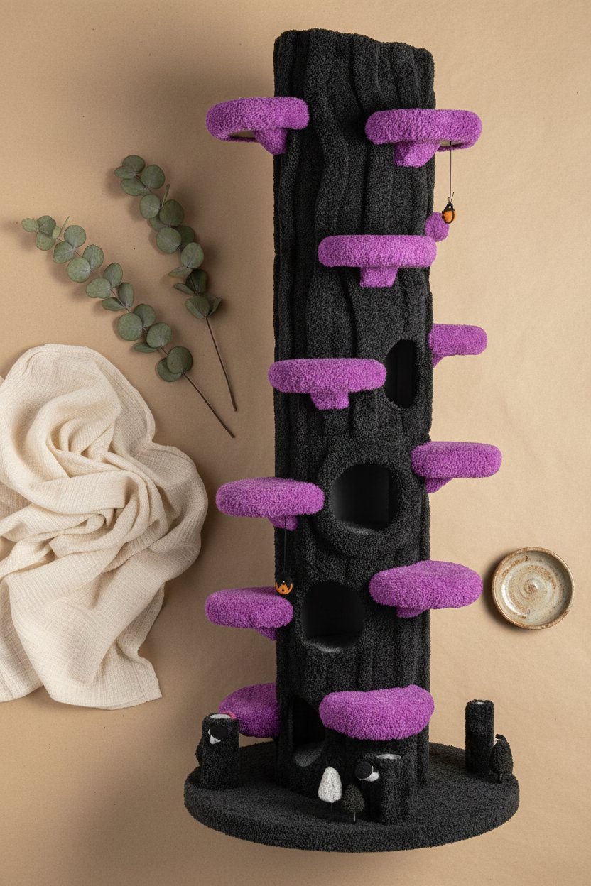 Large purple solid wood cat tree tower with sisal scratching posts, multiple platforms and side hideout for multi-cat homes — view 7b