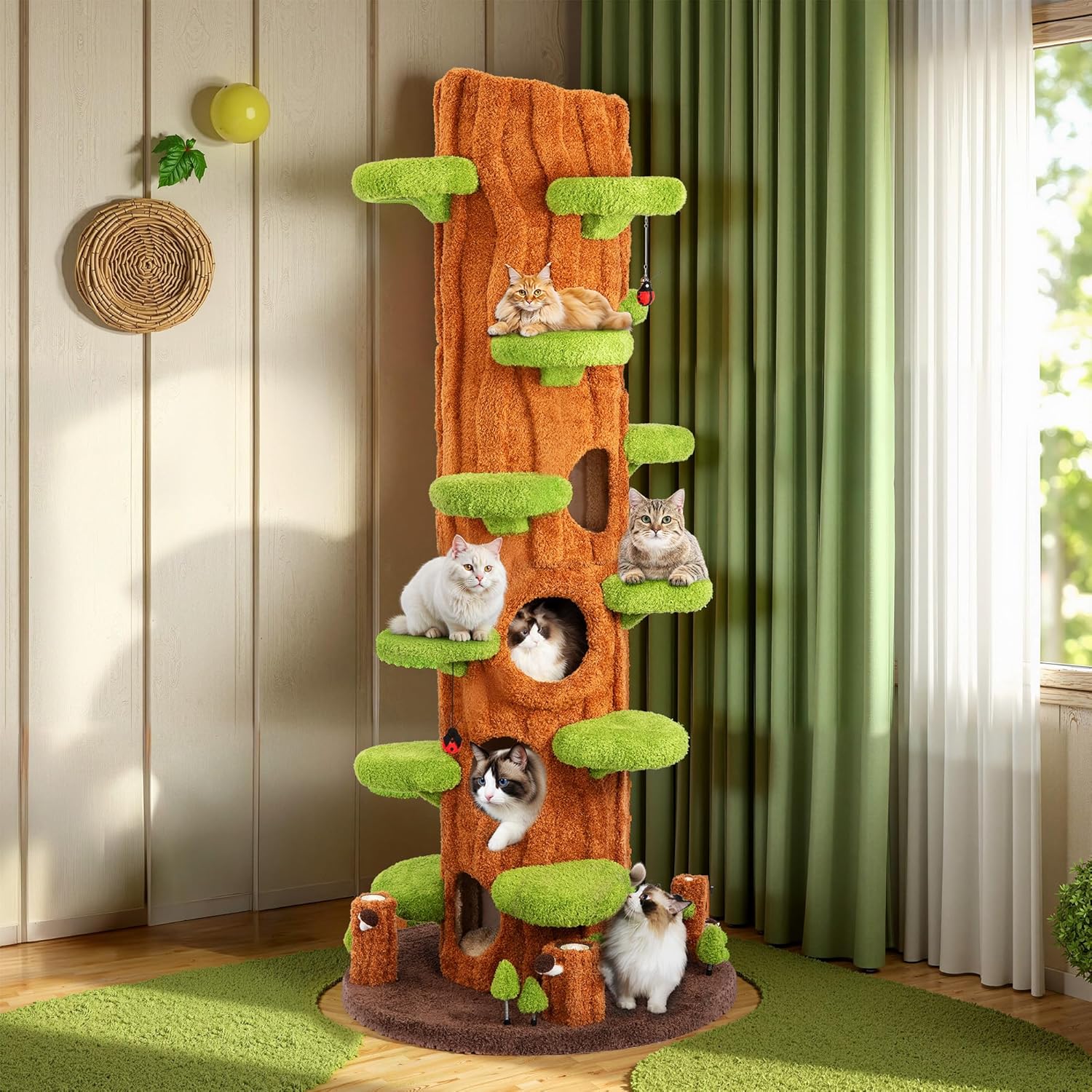 Large green solid wood cat tree tower with sisal scratching posts, side hideout, and multi-level platforms for indoor cats — view 1