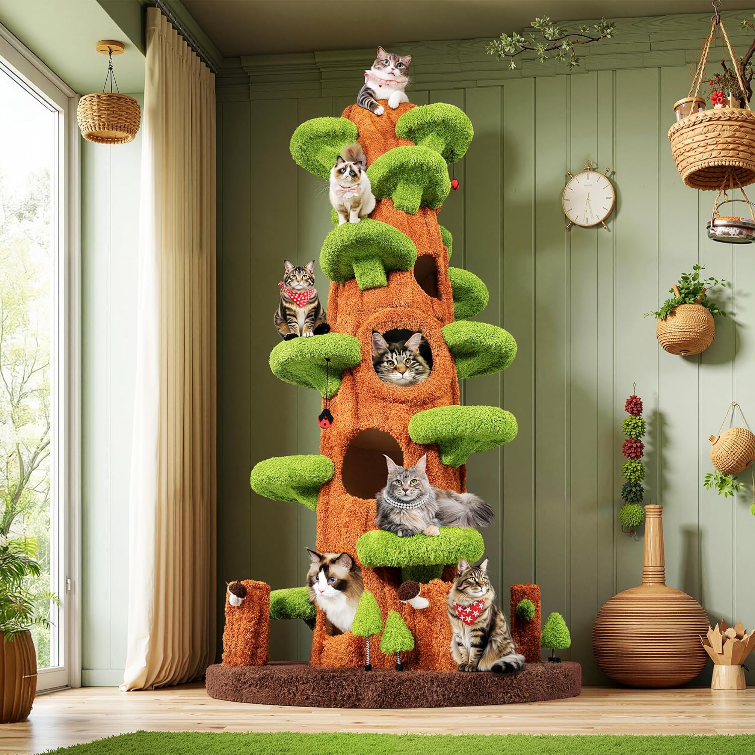 Large green solid wood cat tree tower with sisal scratching posts, side hideout, and multi-level platforms for indoor cats — view 2