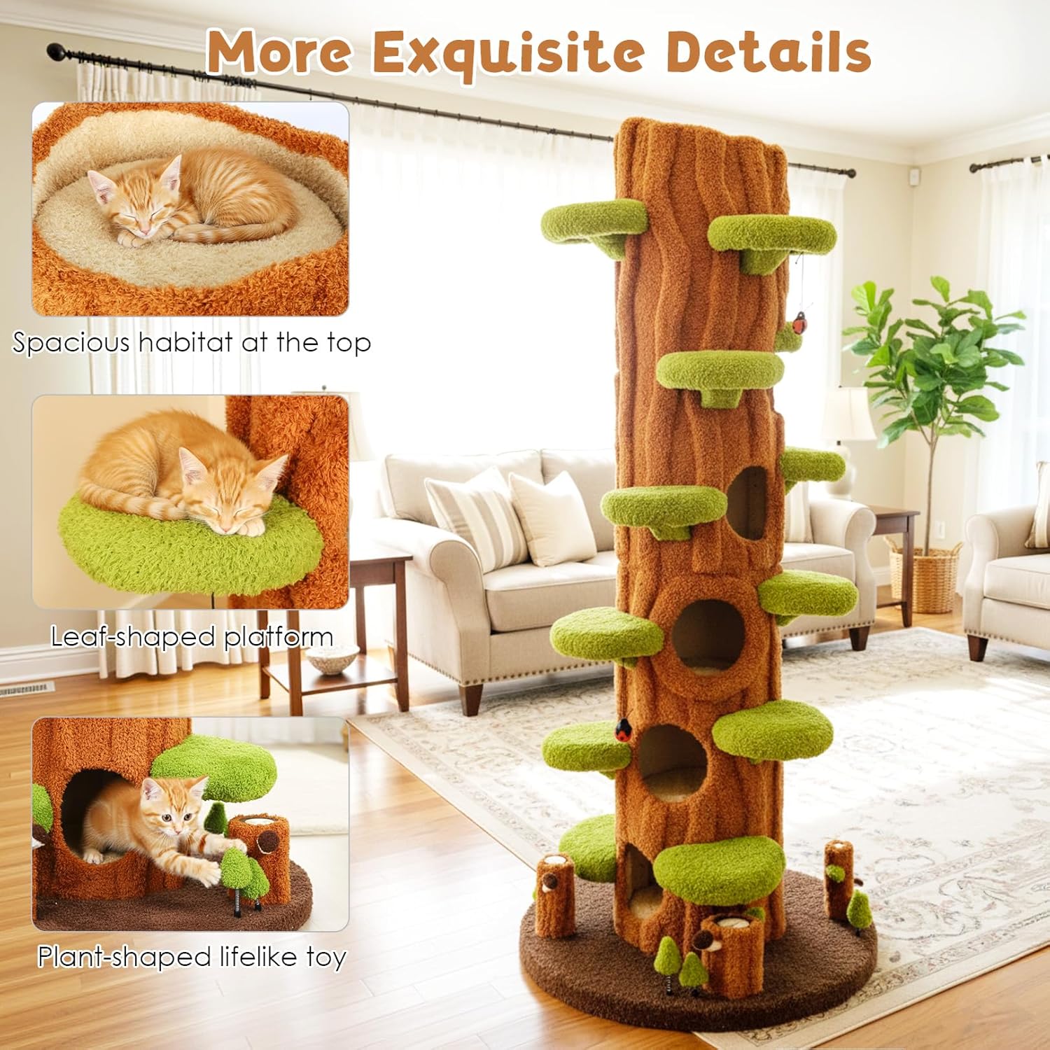 Large green solid wood cat tree tower with sisal scratching posts, side hideout, and multi-level platforms for indoor cats — view 3