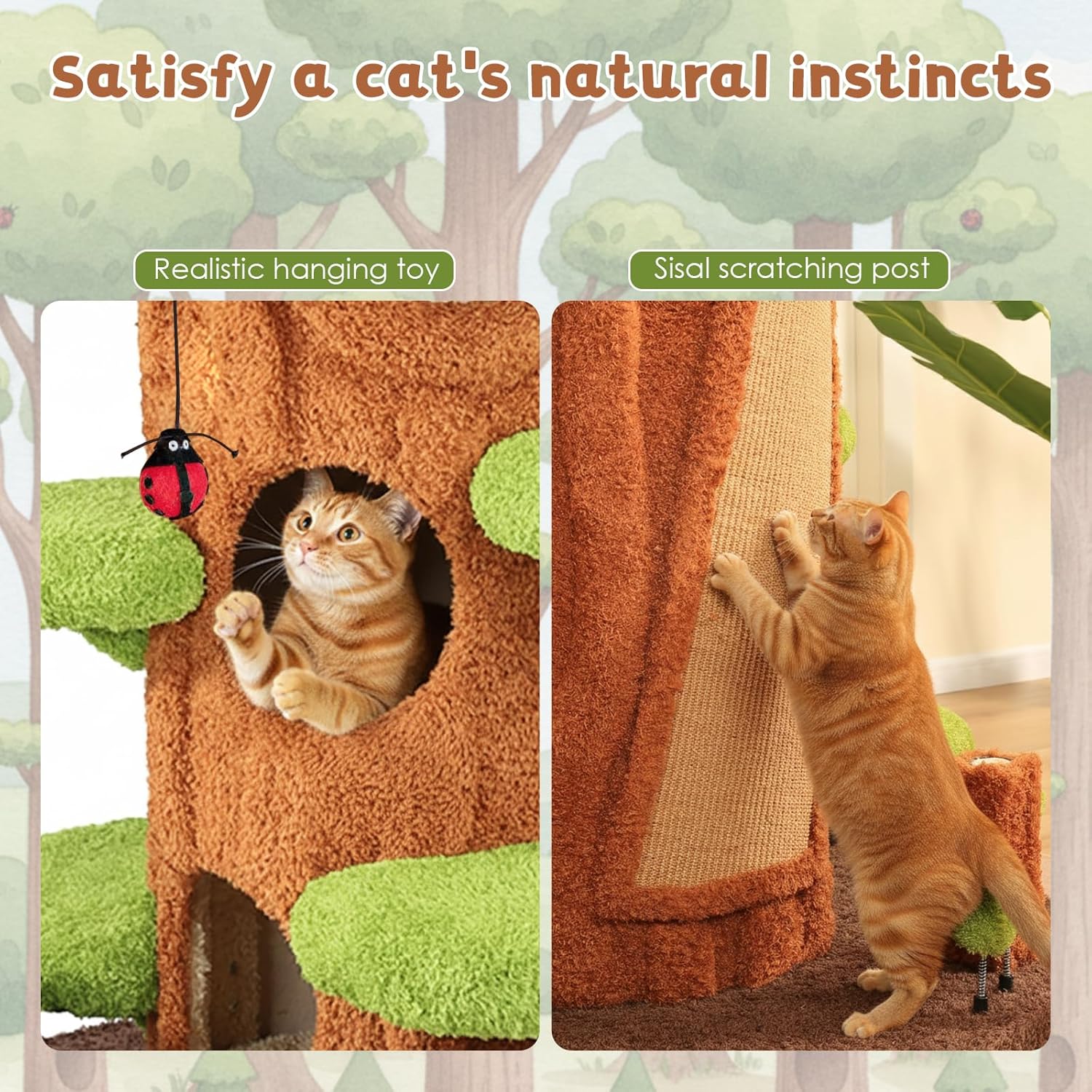 Large green solid wood cat tree tower with sisal scratching posts, side hideout, and multi-level platforms for indoor cats — view 4