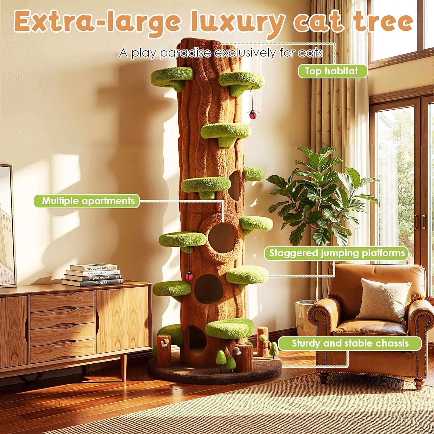 Large green solid wood cat tree tower with sisal scratching posts, side hideout, and multi-level platforms for indoor cats — view 2