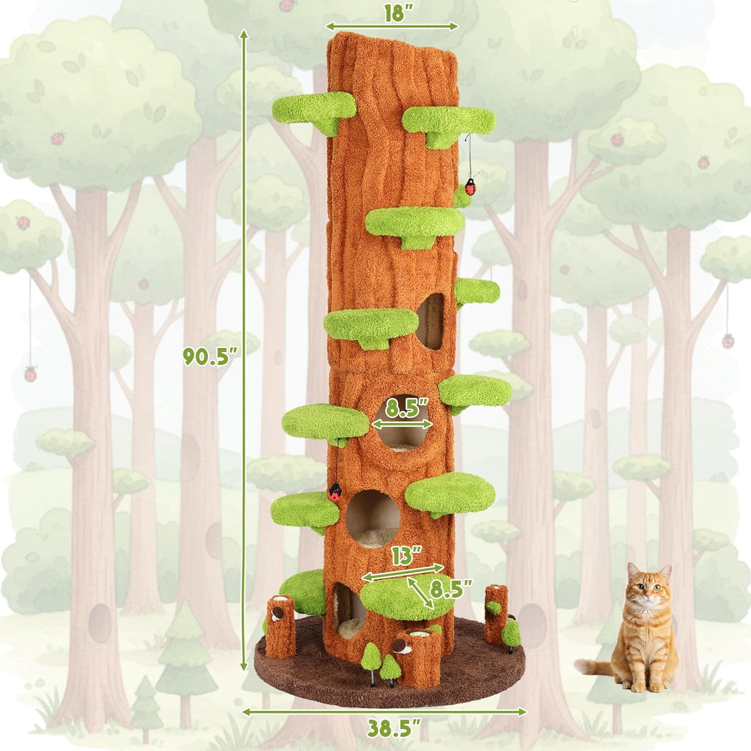 Large green solid wood cat tree tower with sisal scratching posts, side hideout, and multi-level platforms for indoor cats — view 3