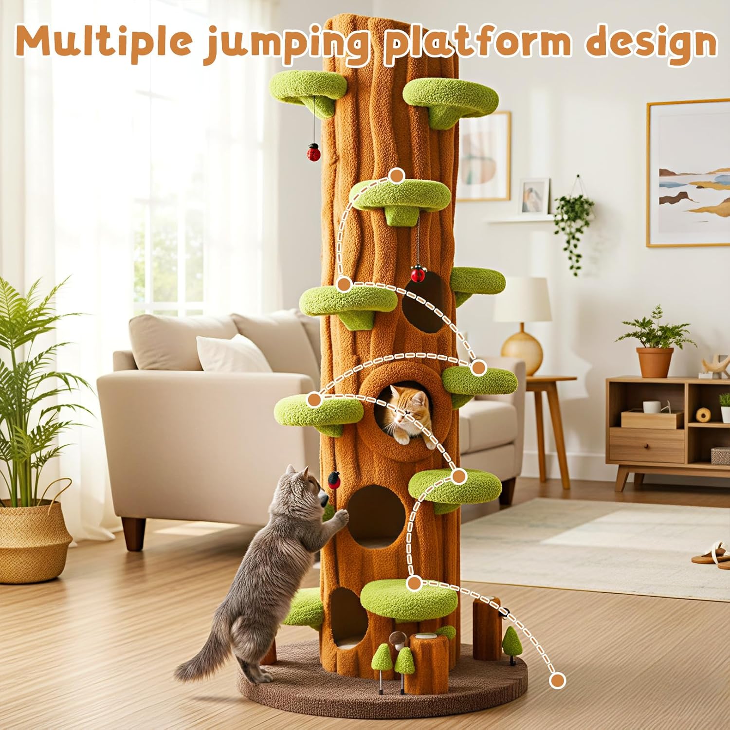 Large green solid wood cat tree tower with sisal scratching posts, side hideout, and multi-level platforms for indoor cats — view 4