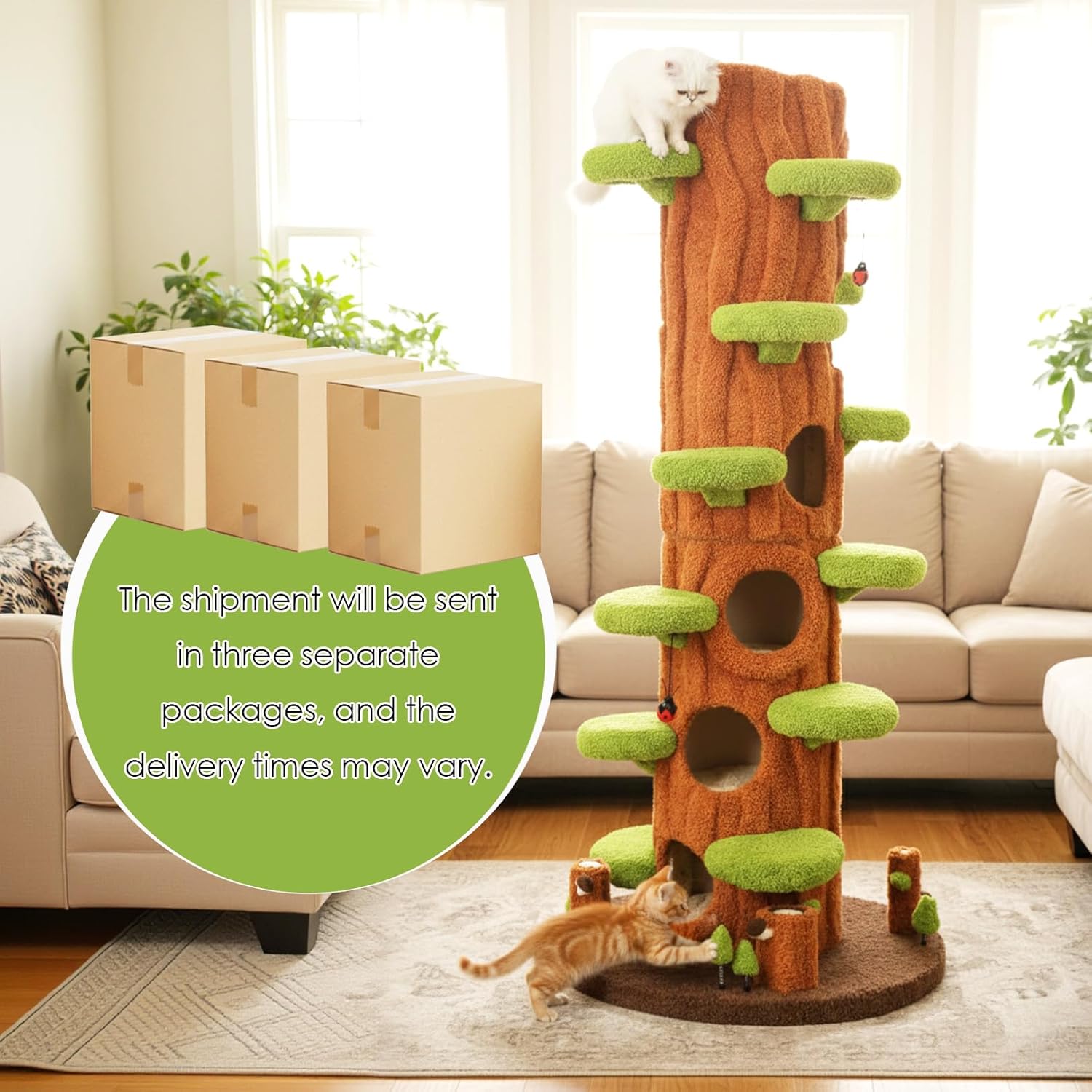 Large green solid wood cat tree tower with sisal scratching posts, side hideout, and multi-level platforms for indoor cats — view 5