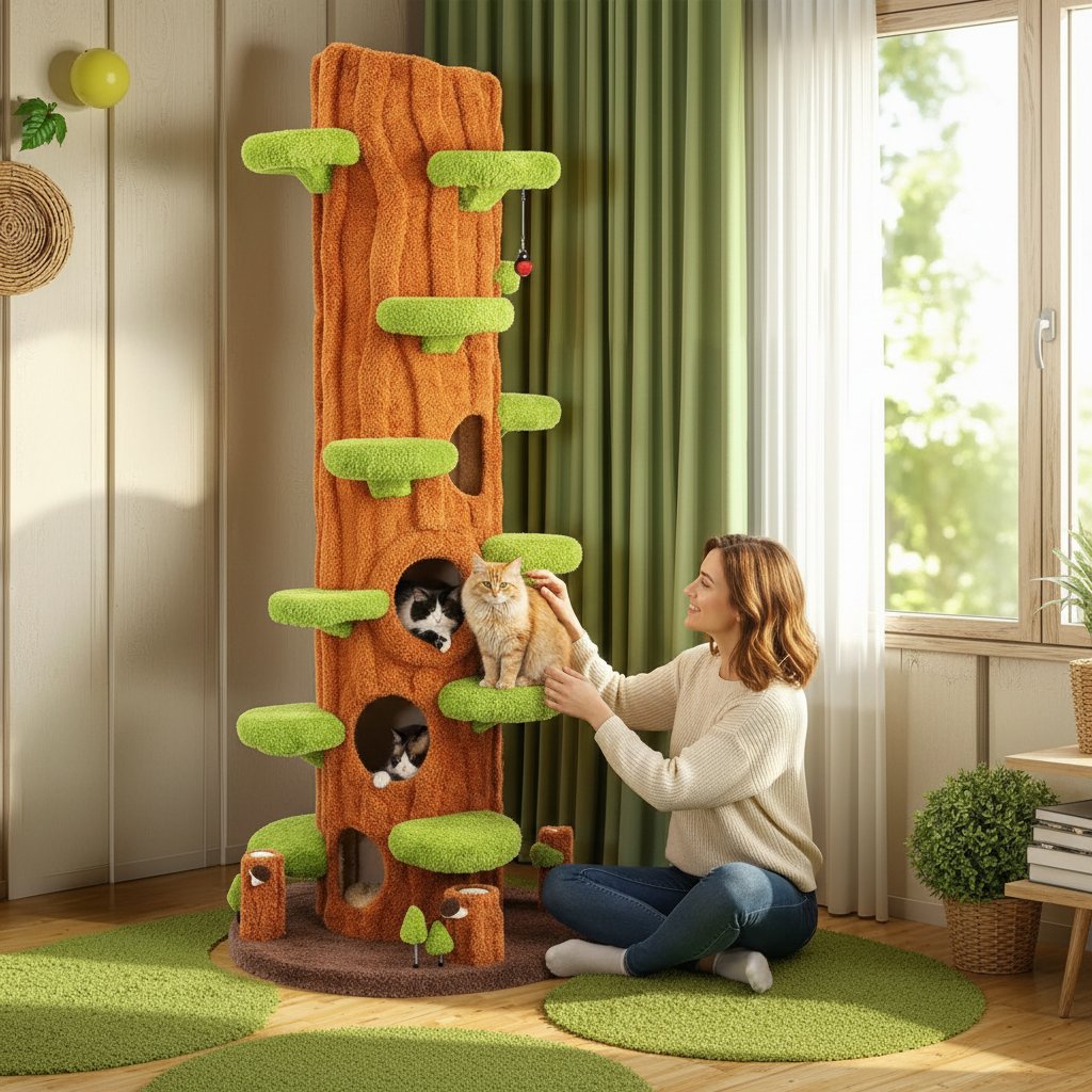 Large green solid wood cat tree tower with sisal scratching posts, side hideout, and multi-level platforms for indoor cats — view 1