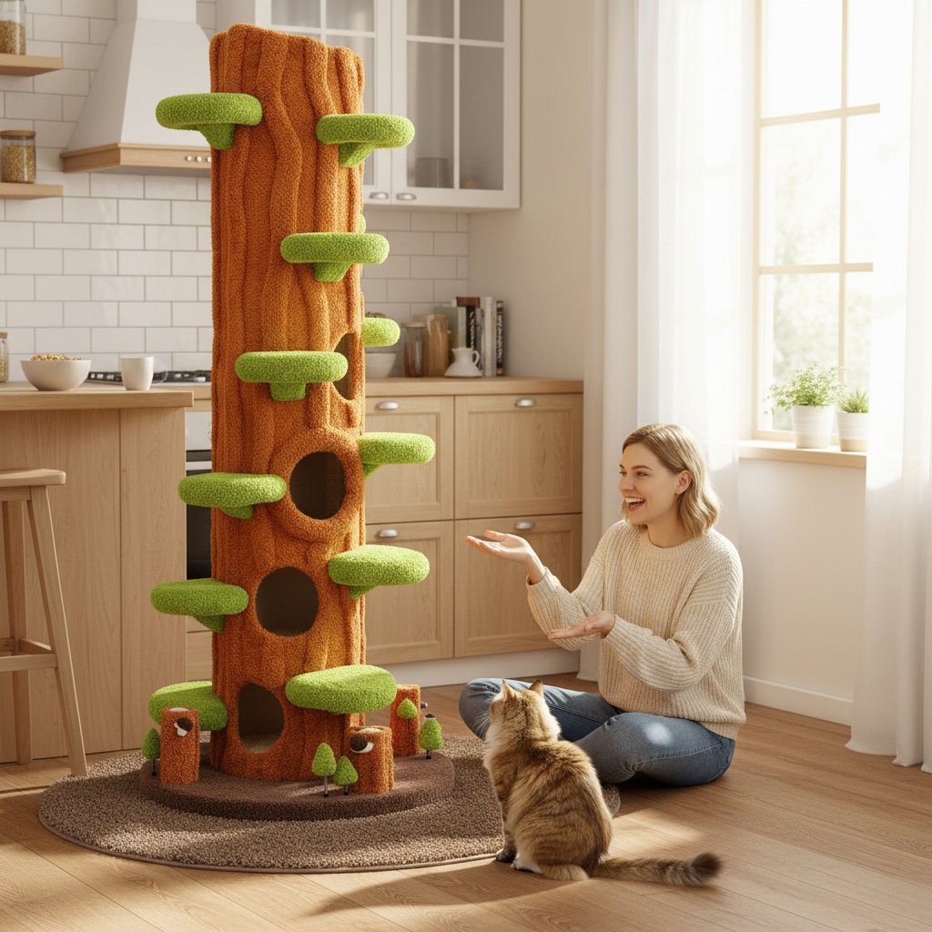 Large green solid wood cat tree tower with sisal scratching posts, side hideout, and multi-level platforms for indoor cats — view 2