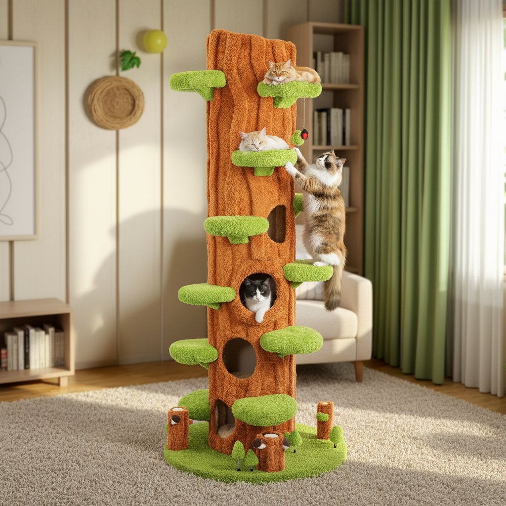 Large green solid wood cat tree tower with sisal scratching posts, side hideout, and multi-level platforms for indoor cats — view 3a