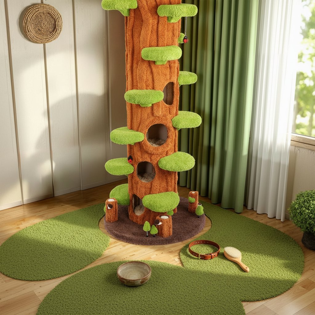 Large green solid wood cat tree tower with sisal scratching posts, side hideout, and multi-level platforms for indoor cats — view 4