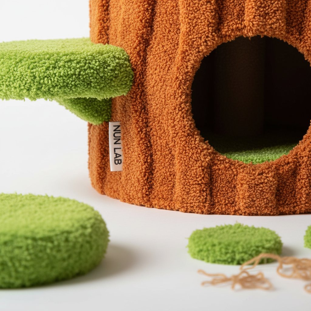 Large green solid wood cat tree tower with sisal scratching posts, side hideout, and multi-level platforms for indoor cats — view 5b
