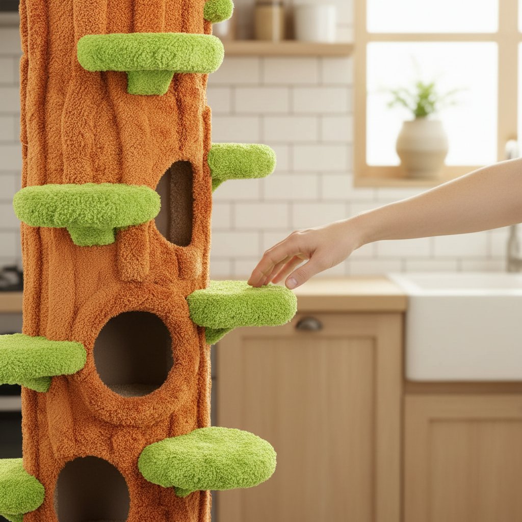 Large green solid wood cat tree tower with sisal scratching posts, side hideout, and multi-level platforms for indoor cats — view 6