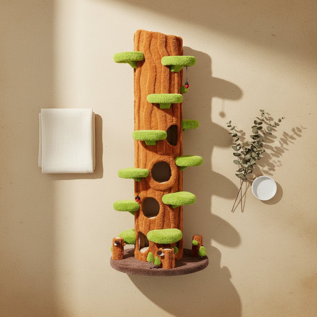 Large green solid wood cat tree tower with sisal scratching posts, side hideout, and multi-level platforms for indoor cats — view 7b