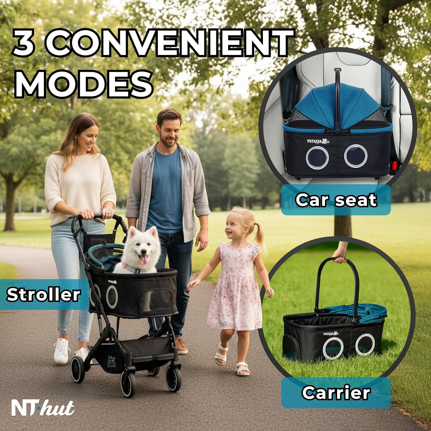 Lightweight gray 3-in-1 pet stroller with 360° mesh windows and detachable carrier for small dogs and cats — view 2