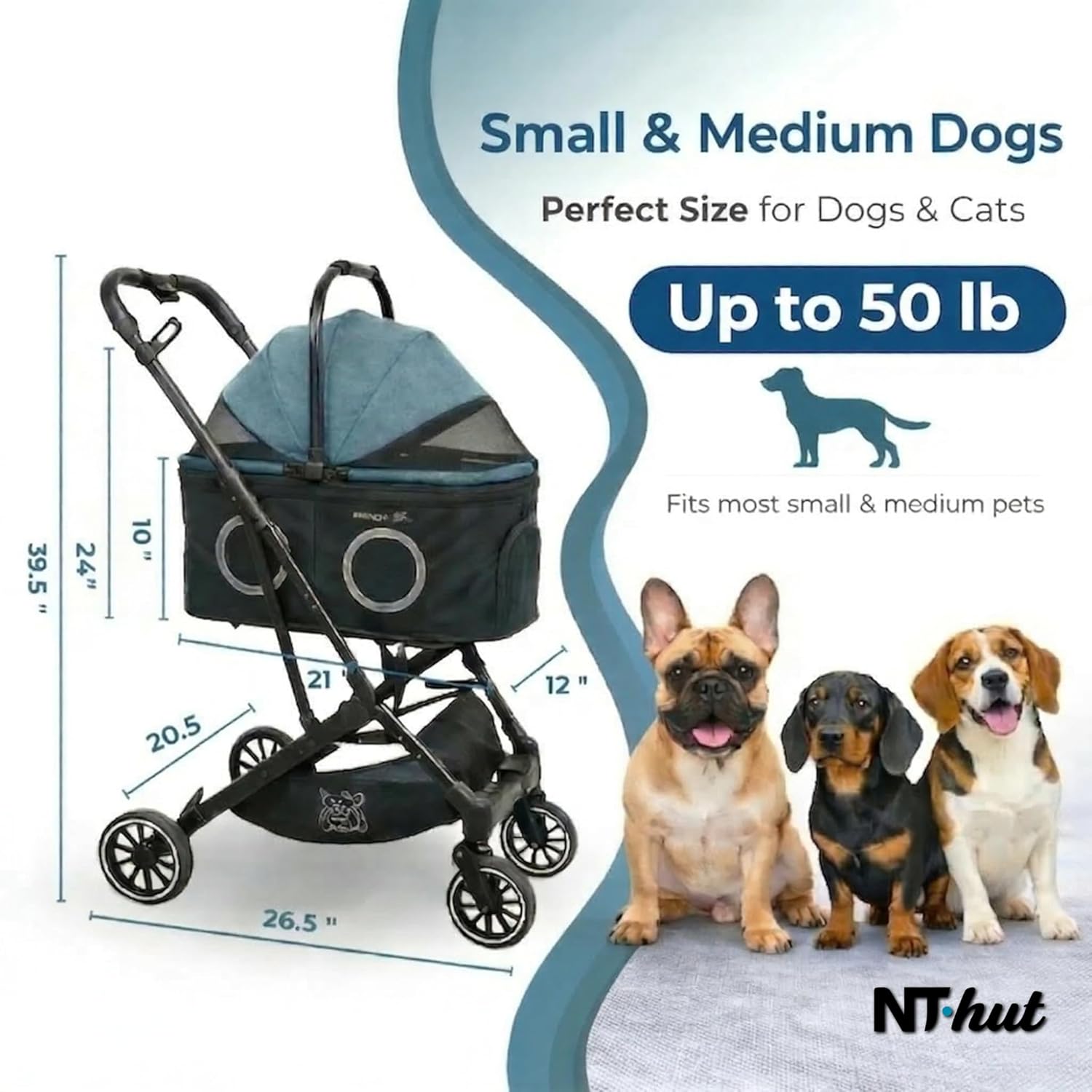 Lightweight gray 3-in-1 pet stroller with 360° mesh windows and detachable carrier for small dogs and cats — view 2