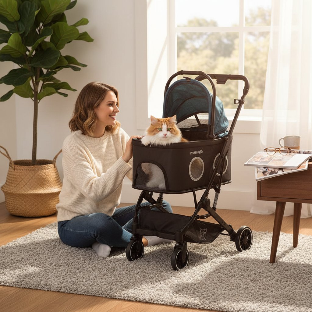 Lightweight gray 3-in-1 pet stroller with 360° mesh windows and detachable carrier for small dogs and cats — view 1