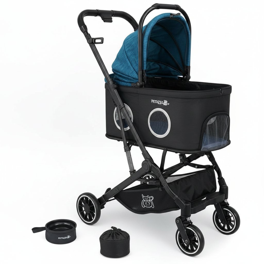 Lightweight gray 3-in-1 pet stroller with 360° mesh windows and detachable carrier for small dogs and cats — view 5b