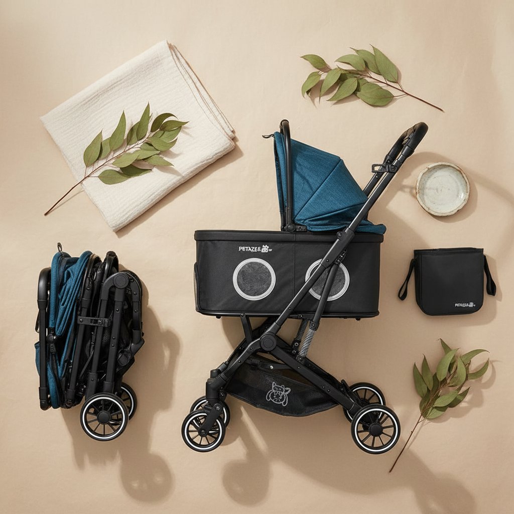 Lightweight gray 3-in-1 pet stroller with 360° mesh windows and detachable carrier for small dogs and cats — view 7b