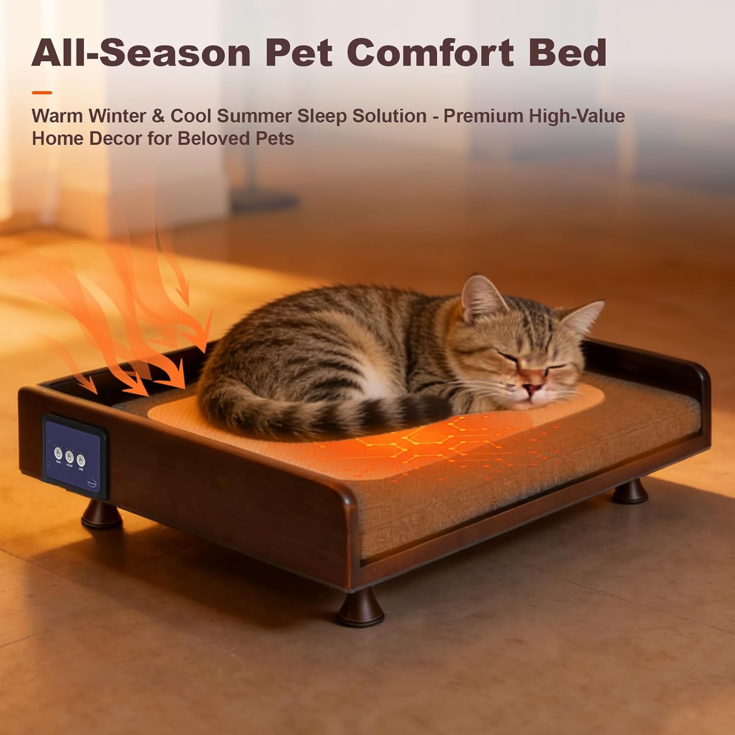 Smart orthopedic memory foam pet bed with mesh ventilation panels, touch control interface, and heating elements for small to medium dogs and cats โ view 4