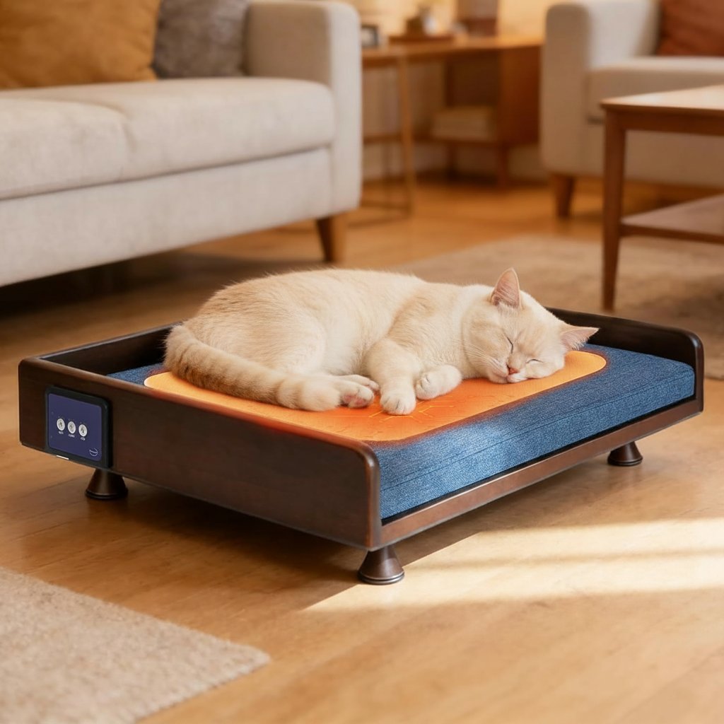 Smart orthopedic memory foam pet bed with mesh ventilation panels, touch control interface, and heating elements for small to medium dogs and cats — view 3a