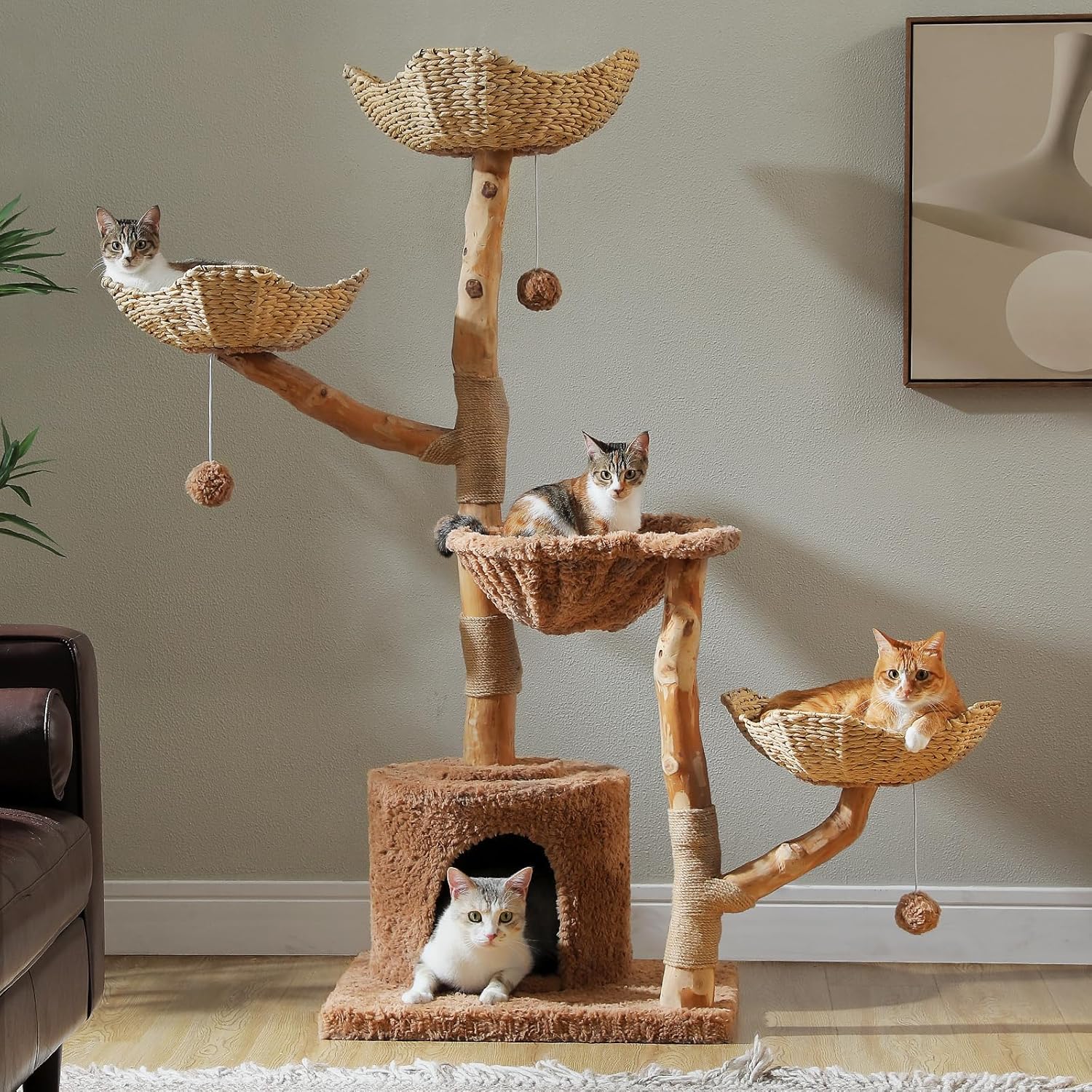 Brown modern cat tree with natural solid wood construction, 59 inches tall with multiple baskets and hammock for large indoor cats โ view 1
