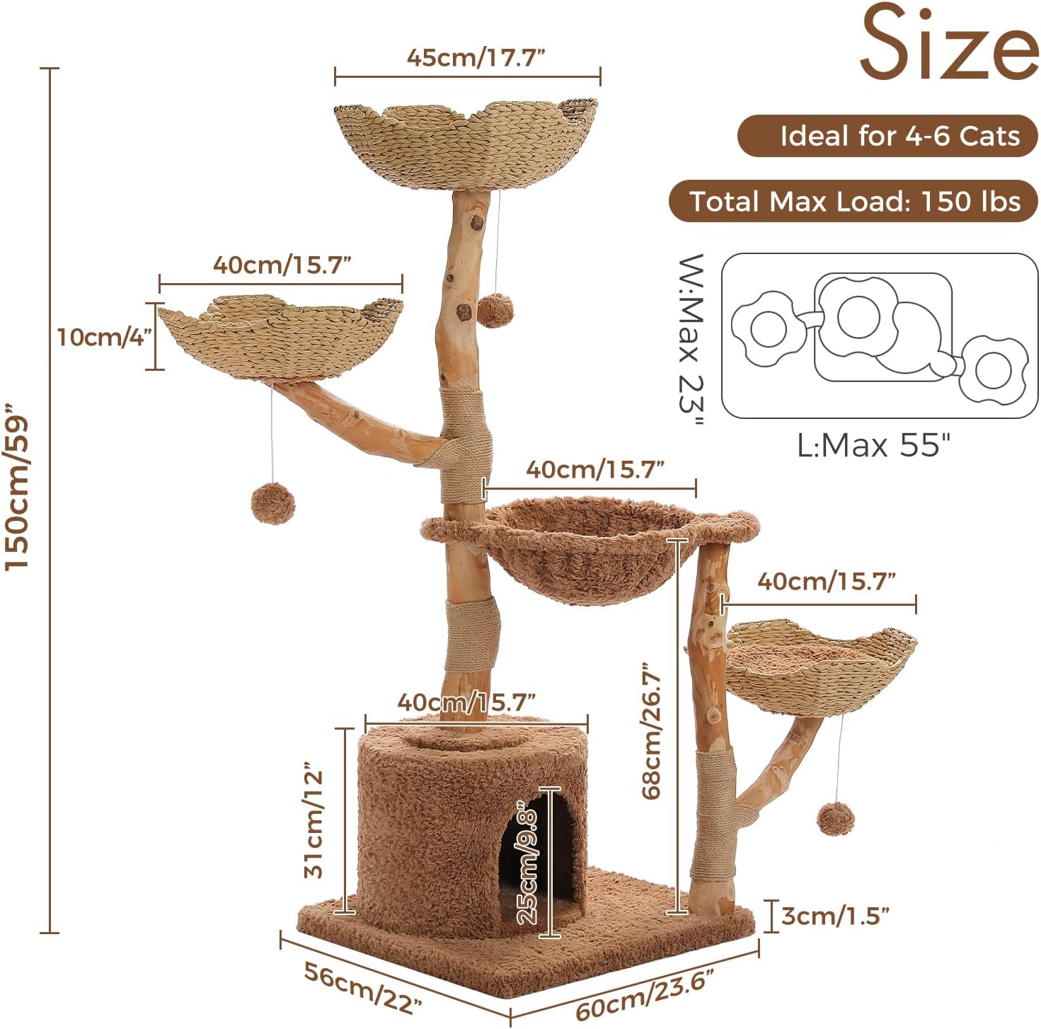 Brown modern cat tree with natural solid wood construction, 59 inches tall with multiple baskets and hammock for large indoor cats โ view 2