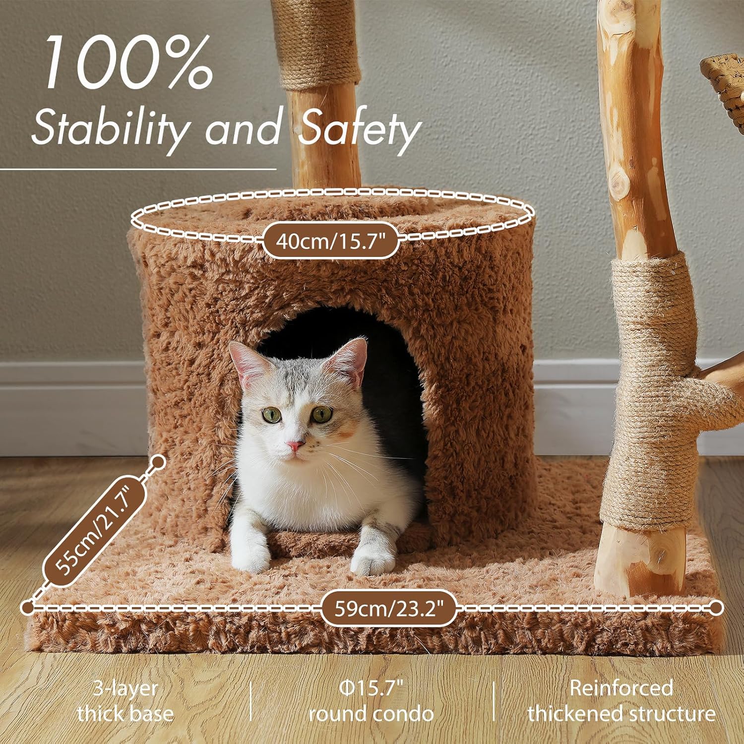 Brown modern cat tree with natural solid wood construction, 59 inches tall with multiple baskets and hammock for large indoor cats โ view 3