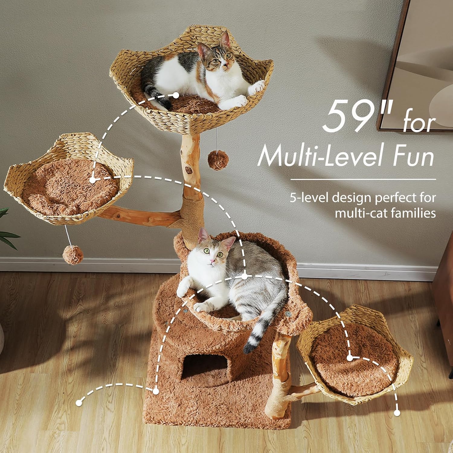 Brown modern cat tree with natural solid wood construction, 59 inches tall with multiple baskets and hammock for large indoor cats โ view 2