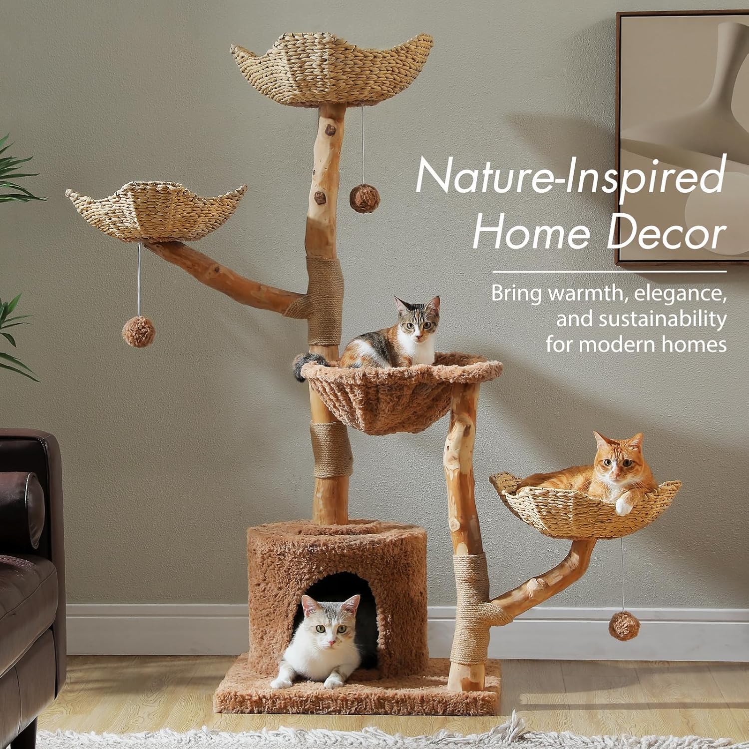 Brown modern cat tree with natural solid wood construction, 59 inches tall with multiple baskets and hammock for large indoor cats โ view 3