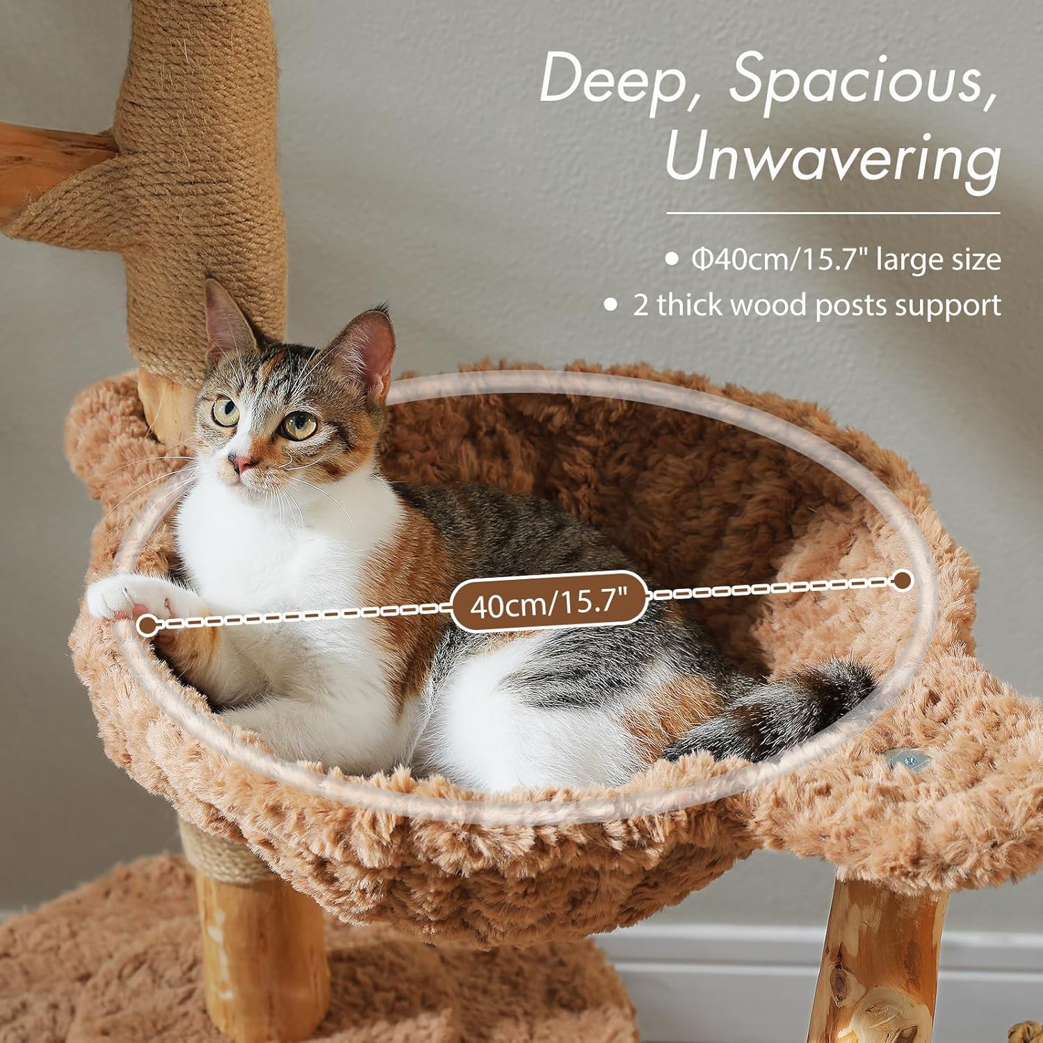 Brown modern cat tree with natural solid wood construction, 59 inches tall with multiple baskets and hammock for large indoor cats โ view 4