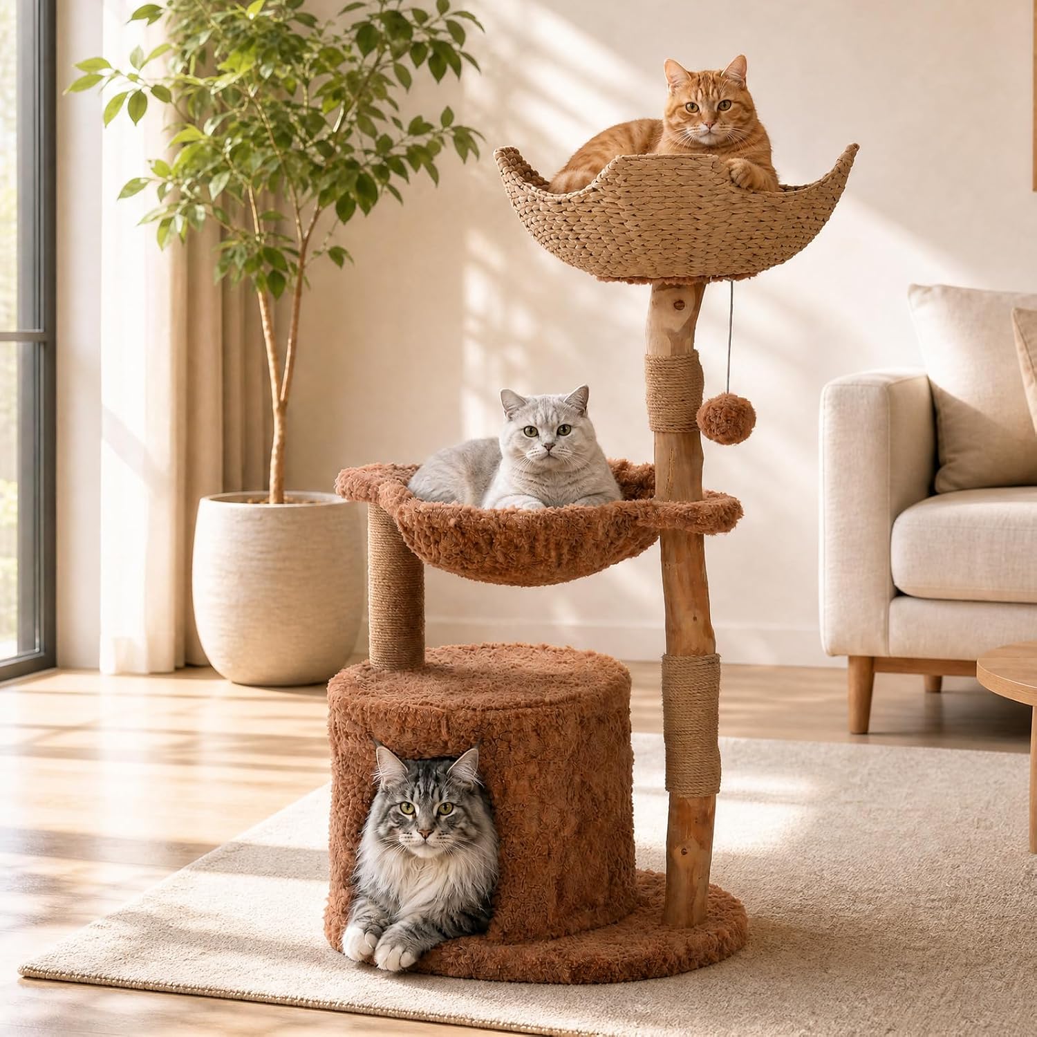 Brown modern cat tree with natural solid wood construction, 59 inches tall with multiple baskets and hammock for large indoor cats — view 7a